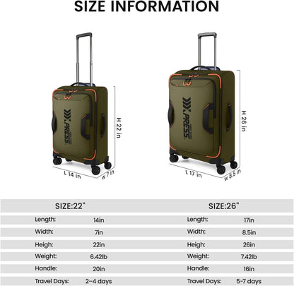 22" Luggage, Softside Suitcase w/Double Spinner Wheels, Waterproof,Lightweight Rolling Suitcases for Men/Women（Green,22in）