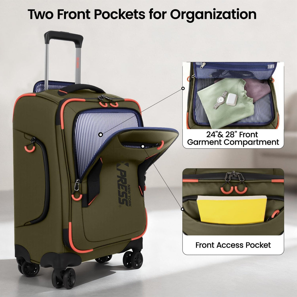 22" Luggage, Softside Suitcase w/Double Spinner Wheels, Waterproof,Lightweight Rolling Suitcases for Men/Women（Green,22in）