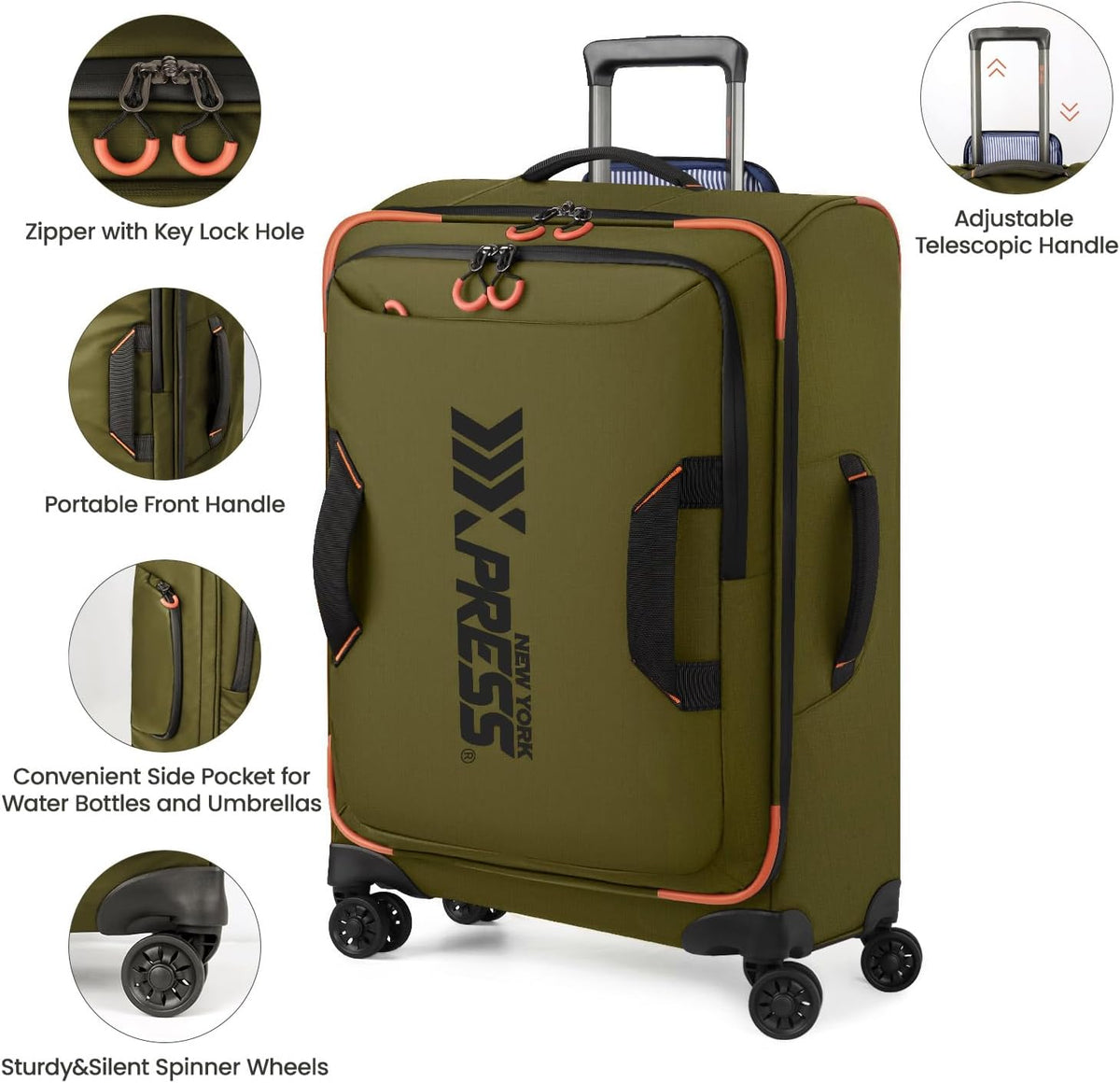 22" Luggage, Softside Suitcase w/Double Spinner Wheels, Waterproof,Lightweight Rolling Suitcases for Men/Women（Green,22in）