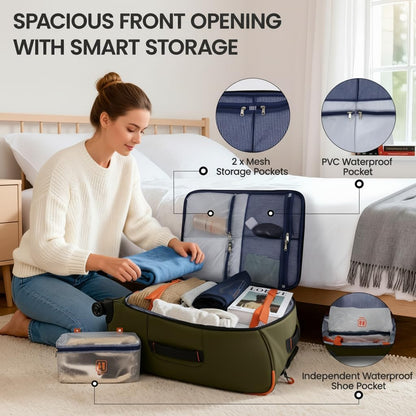 22" Luggage, Softside Suitcase w/Double Spinner Wheels, Waterproof,Lightweight Rolling Suitcases for Men/Women（Green,22in）