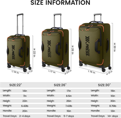 22" Luggage, Softside Suitcase w/Double Spinner Wheels, Waterproof,Lightweight Rolling Suitcases for Men/Women（Green,22in）
