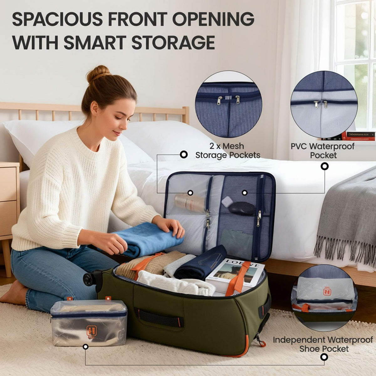 22" Luggage, Softside Suitcase w/Double Spinner Wheels, Waterproof,Lightweight Rolling Suitcases for Men/Women（Green,22in）