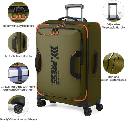 22" Luggage, Softside Suitcase w/Double Spinner Wheels, Waterproof,Lightweight Rolling Suitcases for Men/Women（Green,22in）