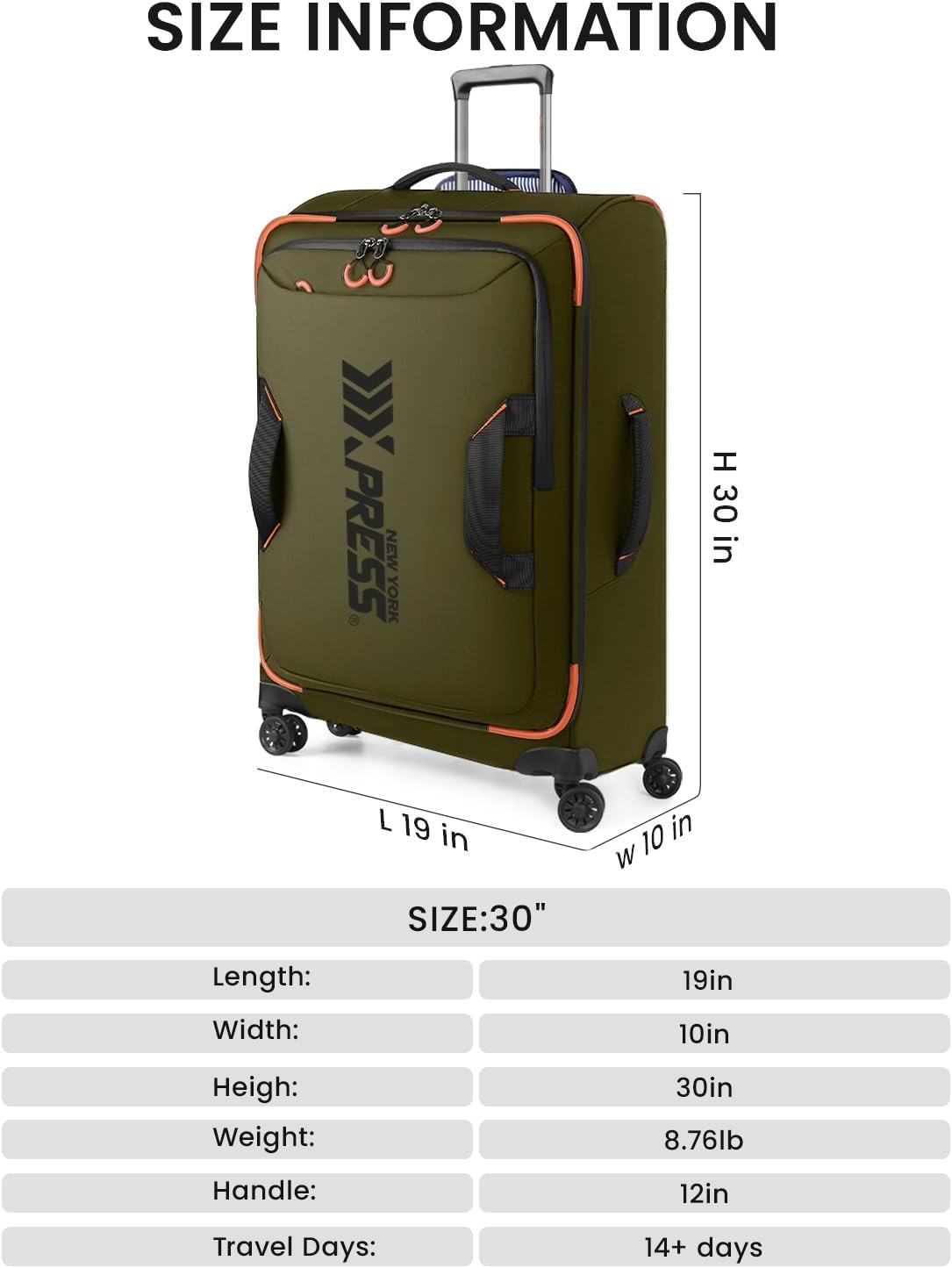 22" Luggage, Softside Suitcase w/Double Spinner Wheels, Waterproof,Lightweight Rolling Suitcases for Men/Women（Green,22in）
