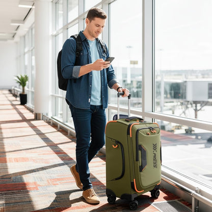 22" Luggage, Softside Suitcase w/Double Spinner Wheels, Waterproof,Lightweight Rolling Suitcases for Men/Women（Green,22in）