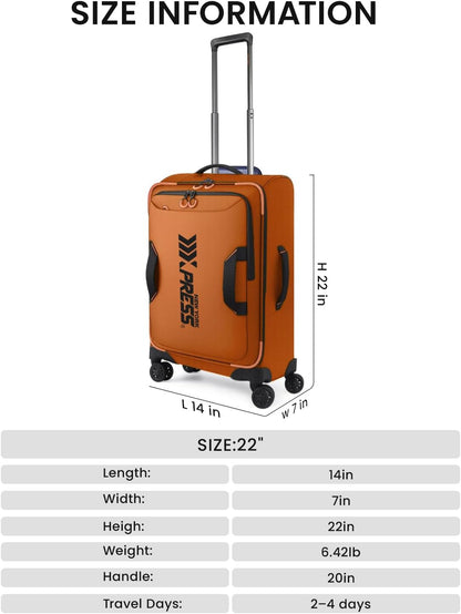 22" Luggage, Softside Suitcase w/Double Spinner Wheels, Waterproof,Lightweight Rolling Suitcases for Men/Women（Green,22in）