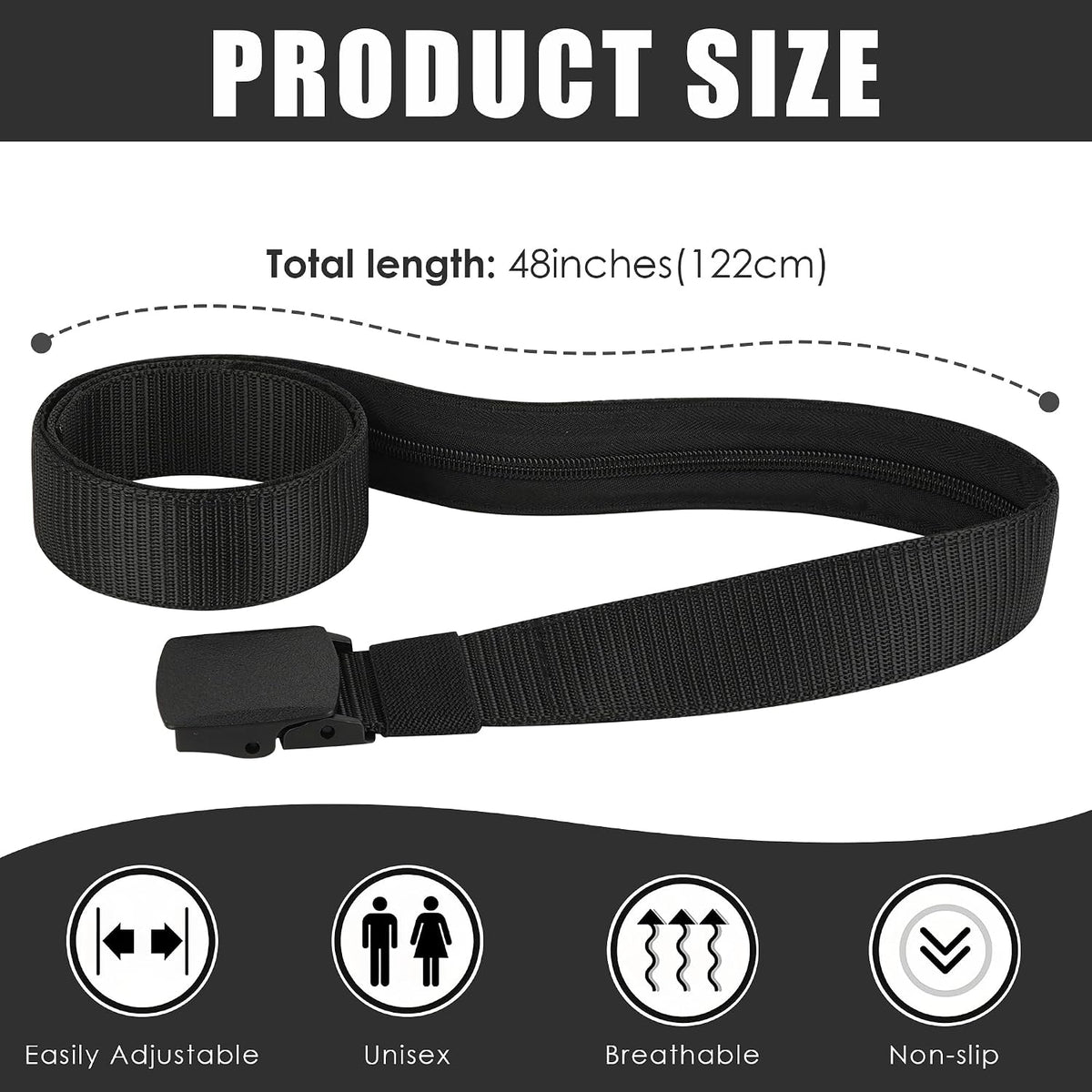 2 Pack Money Belts for Travel, Anti-Theft Hidden Waist Wallet with Zippered Security Pockets, Adjustable Nylon Belt for Men & Women Under Clothes (Black)