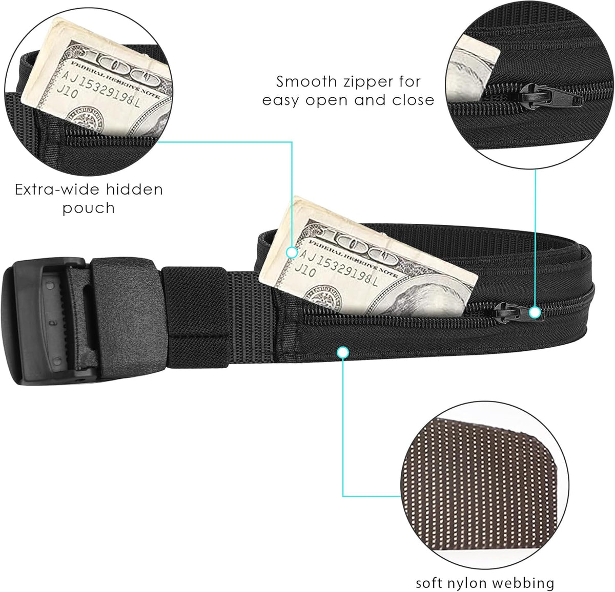 2 Pack Money Belts for Travel, Anti-Theft Hidden Waist Wallet with Zippered Security Pockets, Adjustable Nylon Belt for Men & Women Under Clothes (Black)