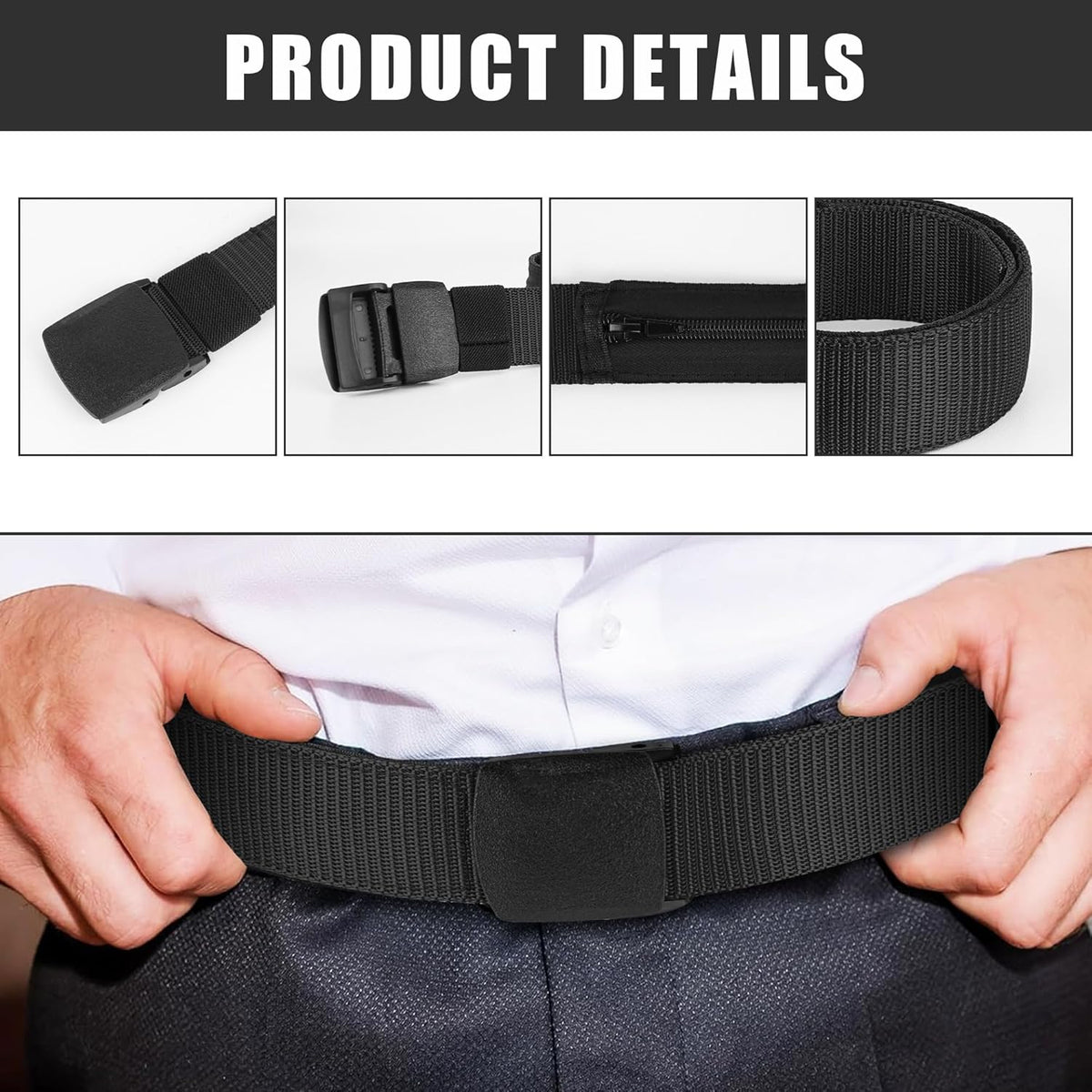 2 Pack Money Belts for Travel, Anti-Theft Hidden Waist Wallet with Zippered Security Pockets, Adjustable Nylon Belt for Men & Women Under Clothes (Black)
