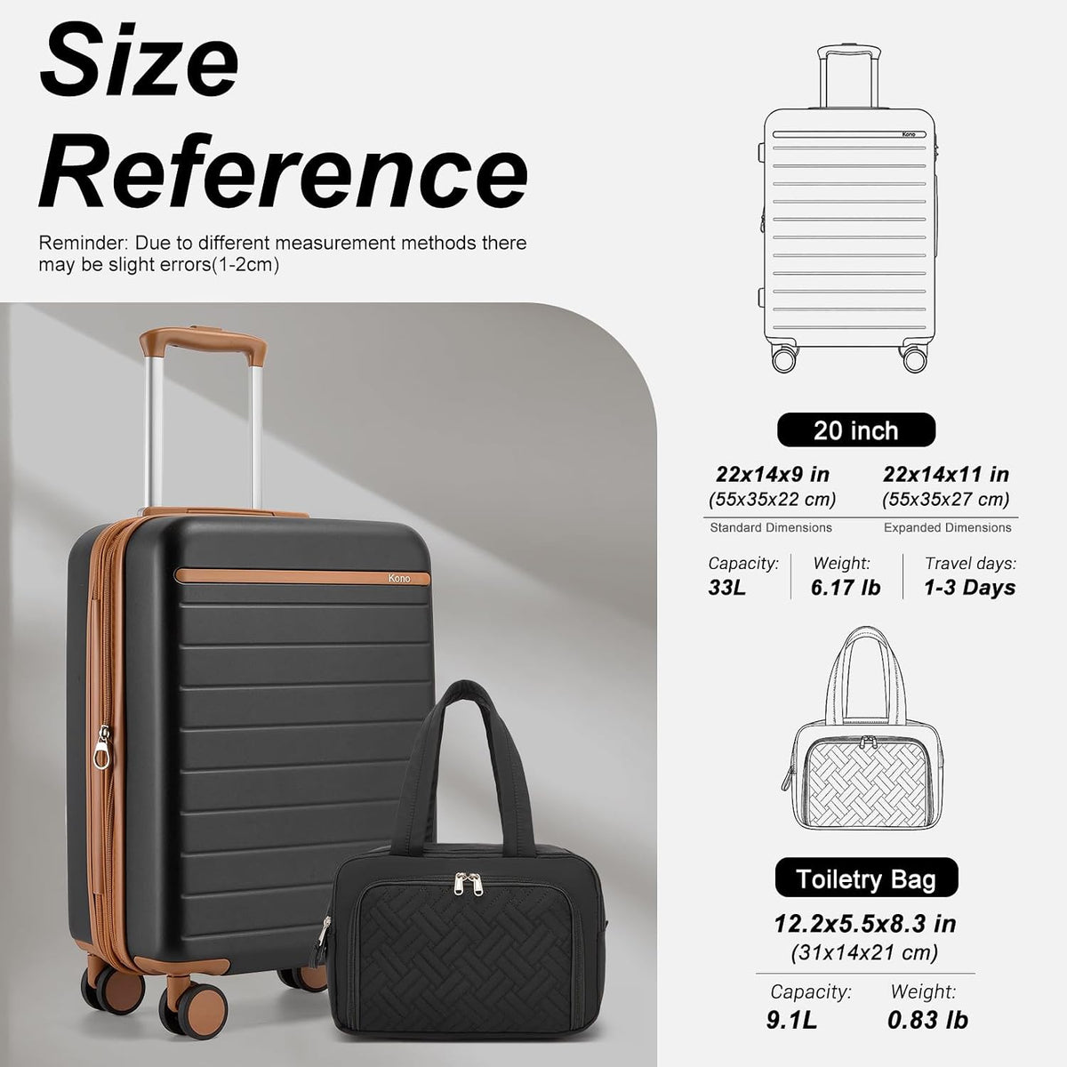 Expandable 20 Inch Carry On Suitcase Airline Approved, Lightweight ABS+PC Hardshell Luggage with 360° Silent Spinner Wheels, Grey/Brown