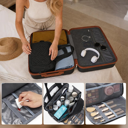 Expandable 20 Inch Carry On Suitcase Airline Approved, Lightweight ABS+PC Hardshell Luggage with 360° Silent Spinner Wheels, Grey/Brown
