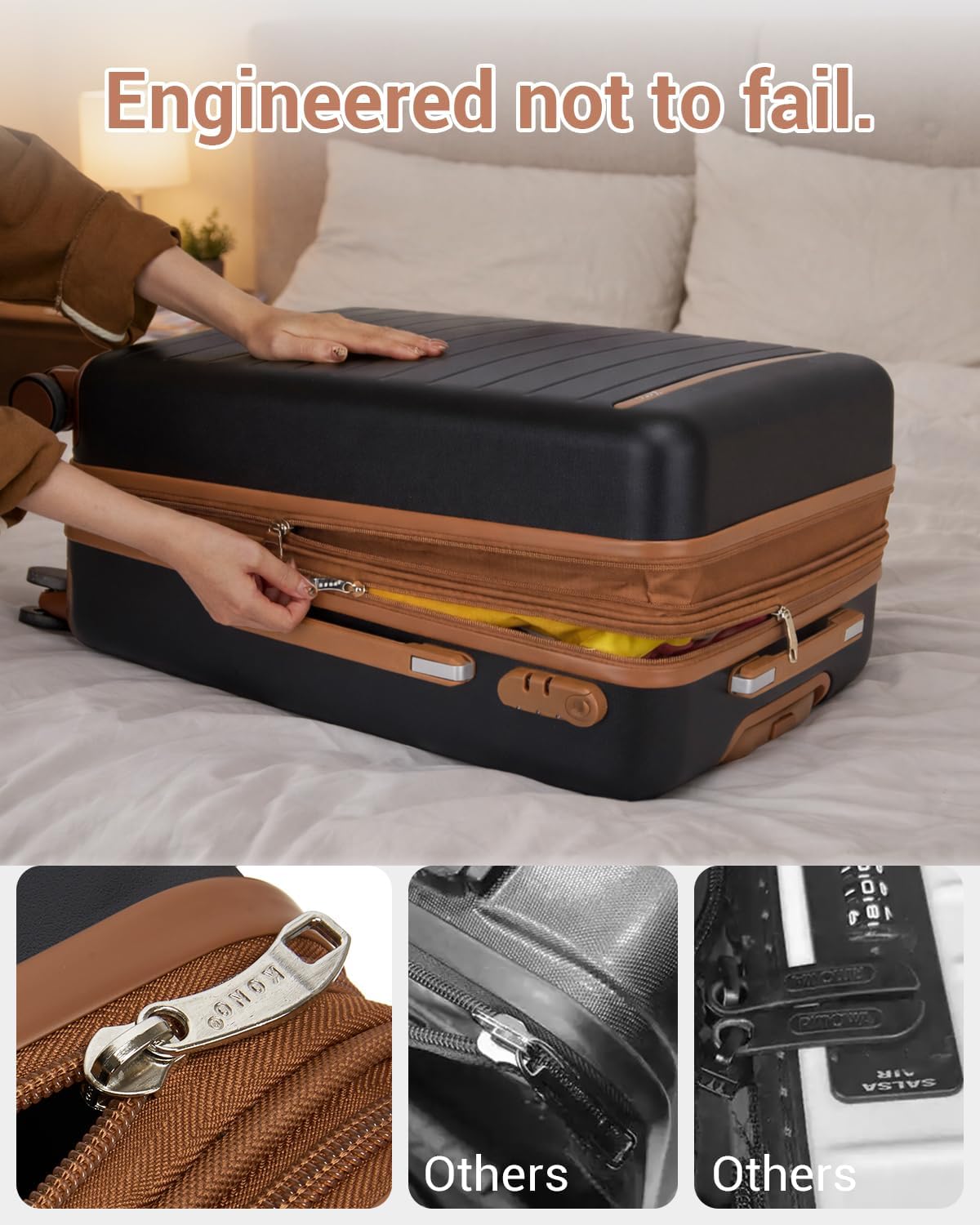Expandable 20 Inch Carry On Suitcase Airline Approved, Lightweight ABS+PC Hardshell Luggage with 360° Silent Spinner Wheels, Grey/Brown