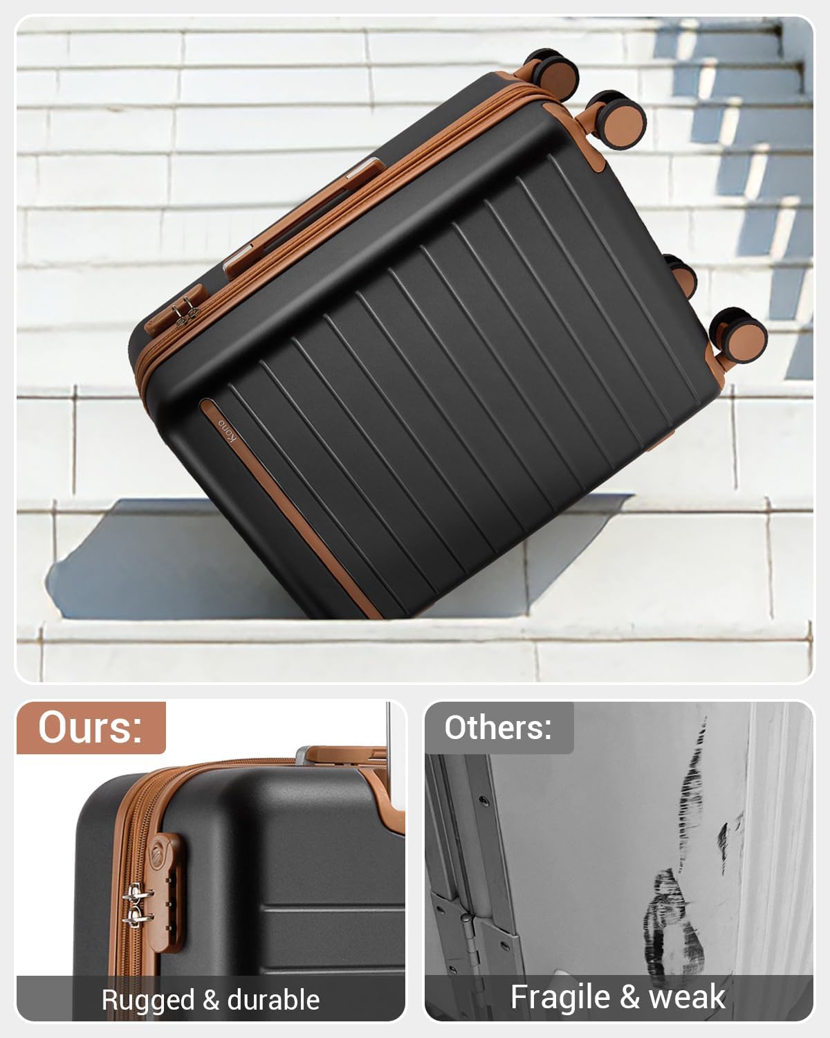 Expandable 20 Inch Carry On Suitcase Airline Approved, Lightweight ABS+PC Hardshell Luggage with 360° Silent Spinner Wheels, Grey/Brown