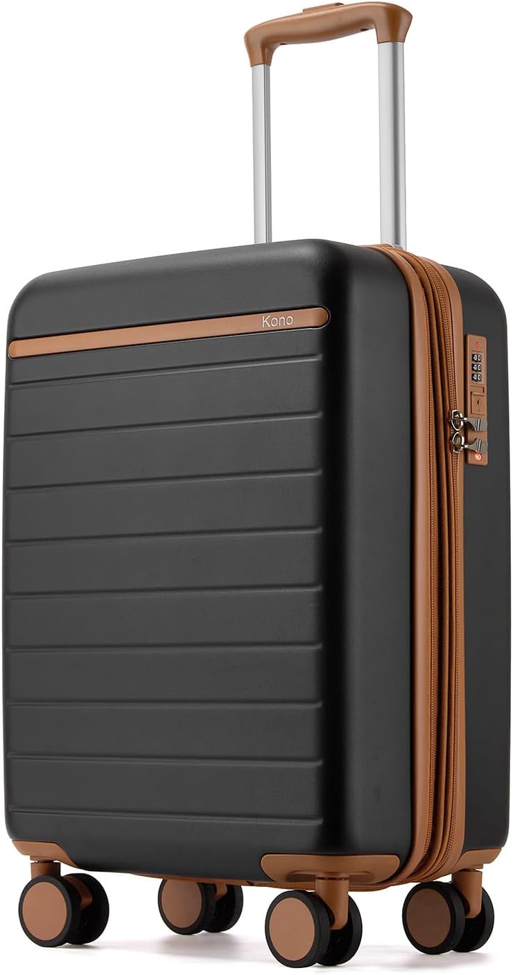 Expandable 20 Inch Carry On Suitcase Airline Approved, Lightweight ABS+PC Hardshell Luggage with 360° Silent Spinner Wheels, Grey/Brown