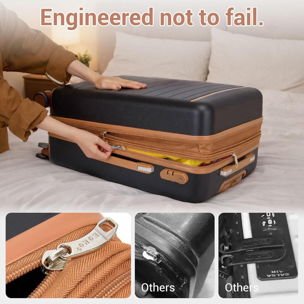 Expandable 20 Inch Carry On Suitcase Airline Approved, Lightweight ABS+PC Hardshell Luggage with 360° Silent Spinner Wheels, Grey/Brown