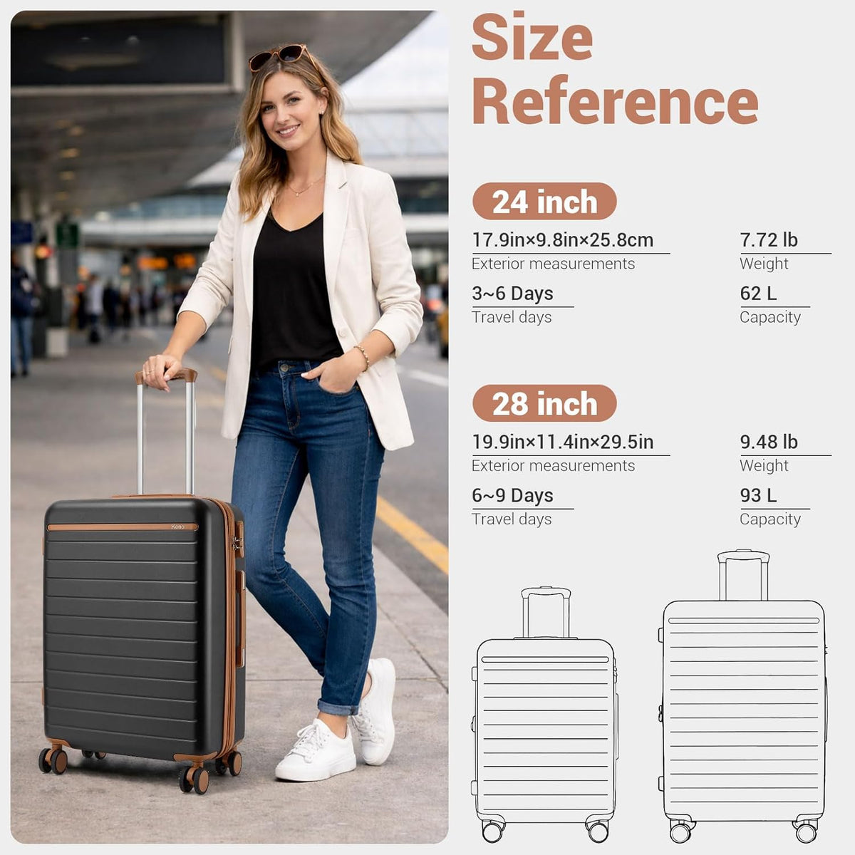 Expandable 20 Inch Carry On Suitcase Airline Approved, Lightweight ABS+PC Hardshell Luggage with 360° Silent Spinner Wheels, Grey/Brown