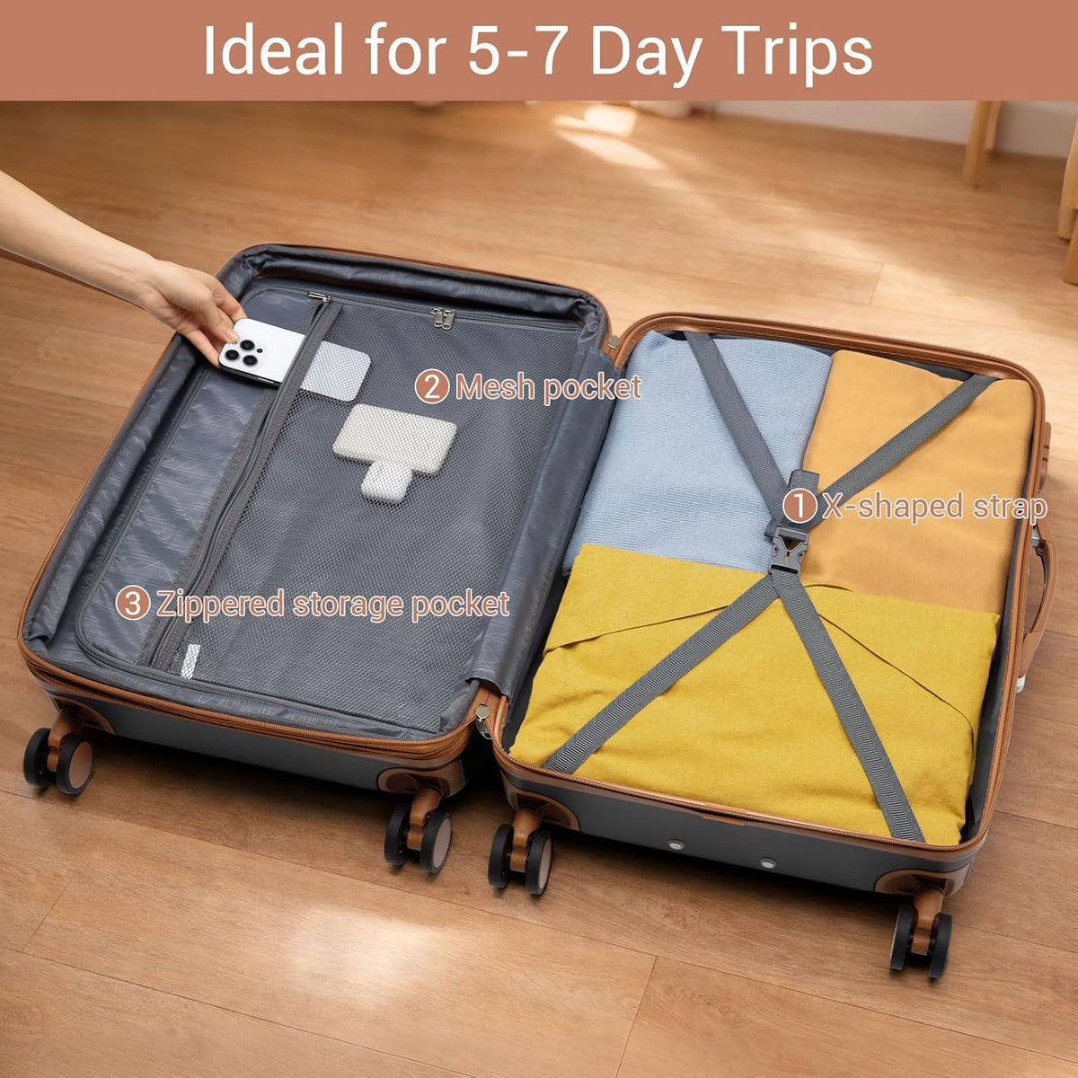 Expandable 20 Inch Carry On Suitcase Airline Approved, Lightweight ABS+PC Hardshell Luggage with 360° Silent Spinner Wheels, Grey/Brown