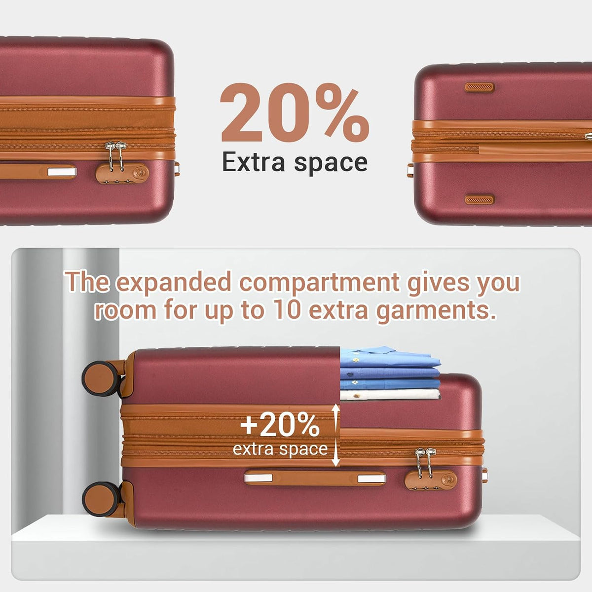 Expandable 20 Inch Carry On Suitcase Airline Approved, Lightweight ABS+PC Hardshell Luggage with 360° Silent Spinner Wheels, Grey/Brown