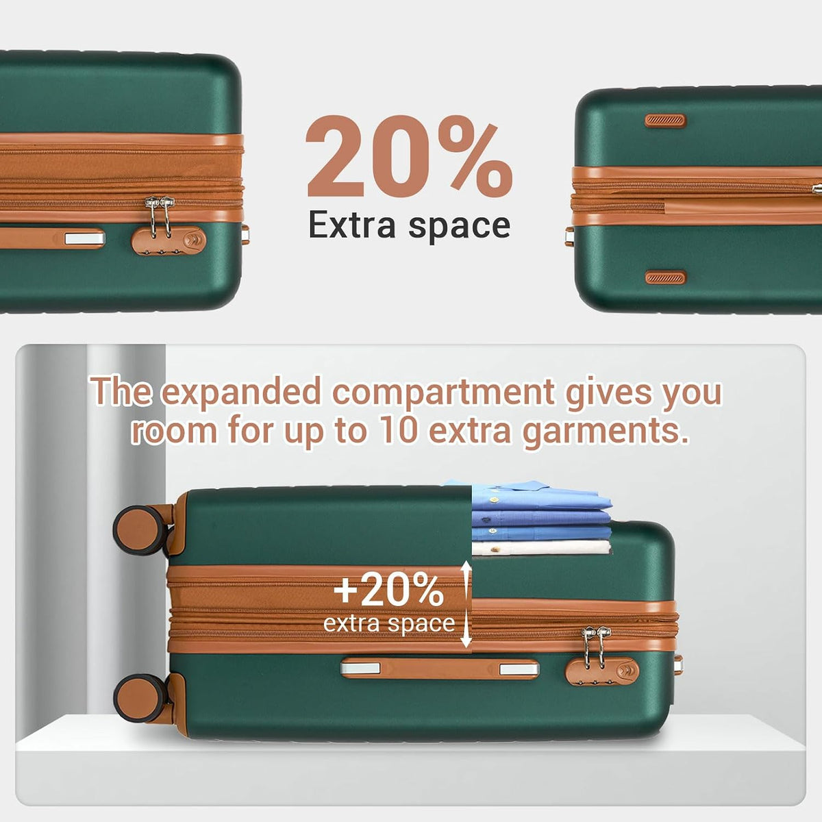 Expandable 20 Inch Carry On Suitcase Airline Approved, Lightweight ABS+PC Hardshell Luggage with 360° Silent Spinner Wheels, Grey/Brown