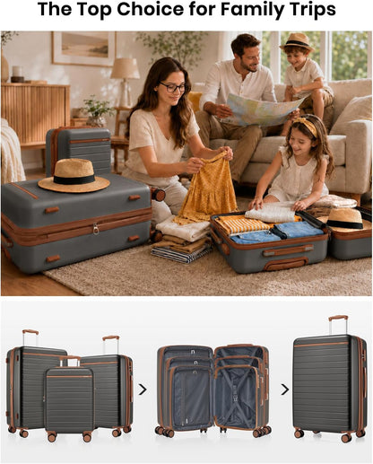Expandable 20 Inch Carry On Suitcase Airline Approved, Lightweight ABS+PC Hardshell Luggage with 360° Silent Spinner Wheels, Grey/Brown