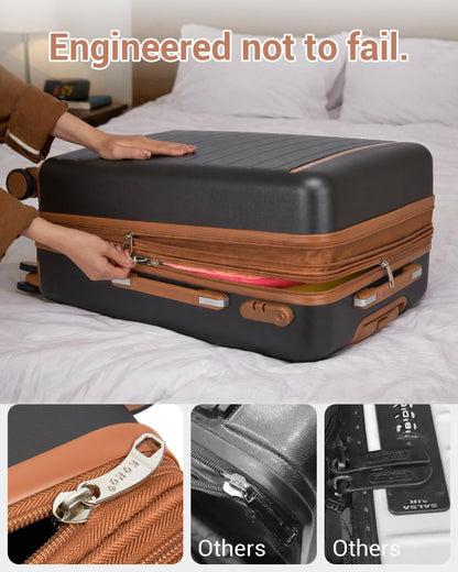 Expandable 20 Inch Carry On Suitcase Airline Approved, Lightweight ABS+PC Hardshell Luggage with 360° Silent Spinner Wheels, Grey/Brown