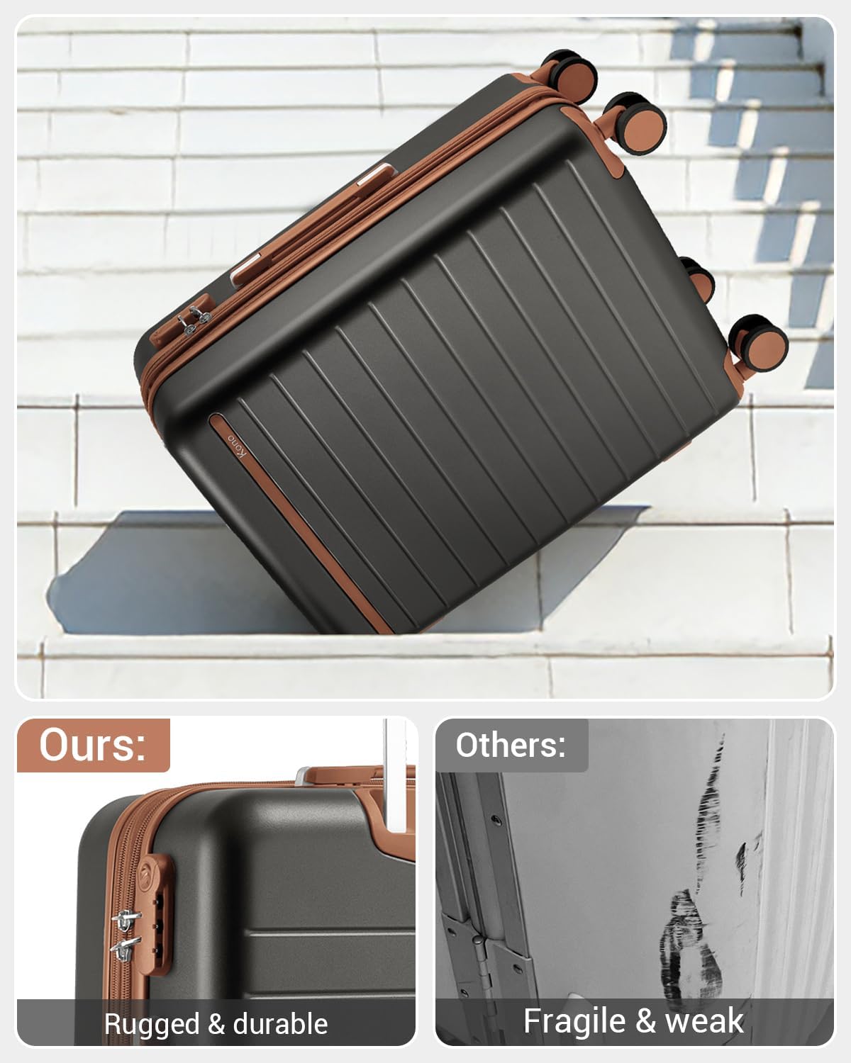 Expandable 20 Inch Carry On Suitcase Airline Approved, Lightweight ABS+PC Hardshell Luggage with 360° Silent Spinner Wheels, Grey/Brown