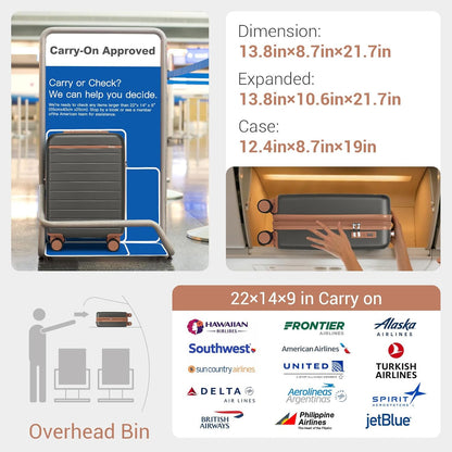 Expandable 20 Inch Carry On Suitcase Airline Approved, Lightweight ABS+PC Hardshell Luggage with 360° Silent Spinner Wheels, Grey/Brown