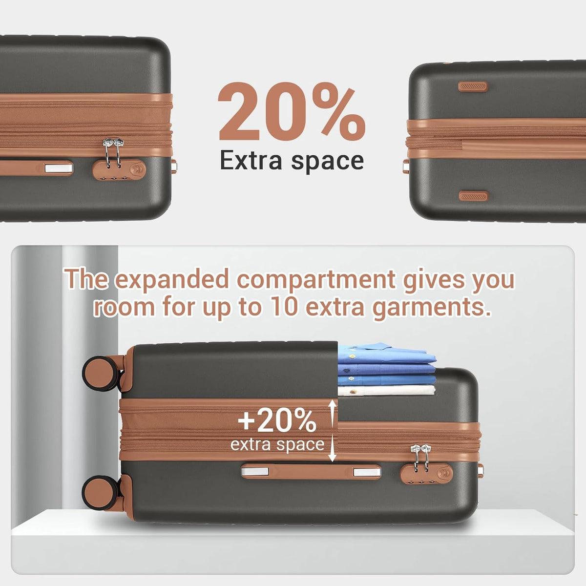 Expandable 20 Inch Carry On Suitcase Airline Approved, Lightweight ABS+PC Hardshell Luggage with 360° Silent Spinner Wheels, Grey/Brown