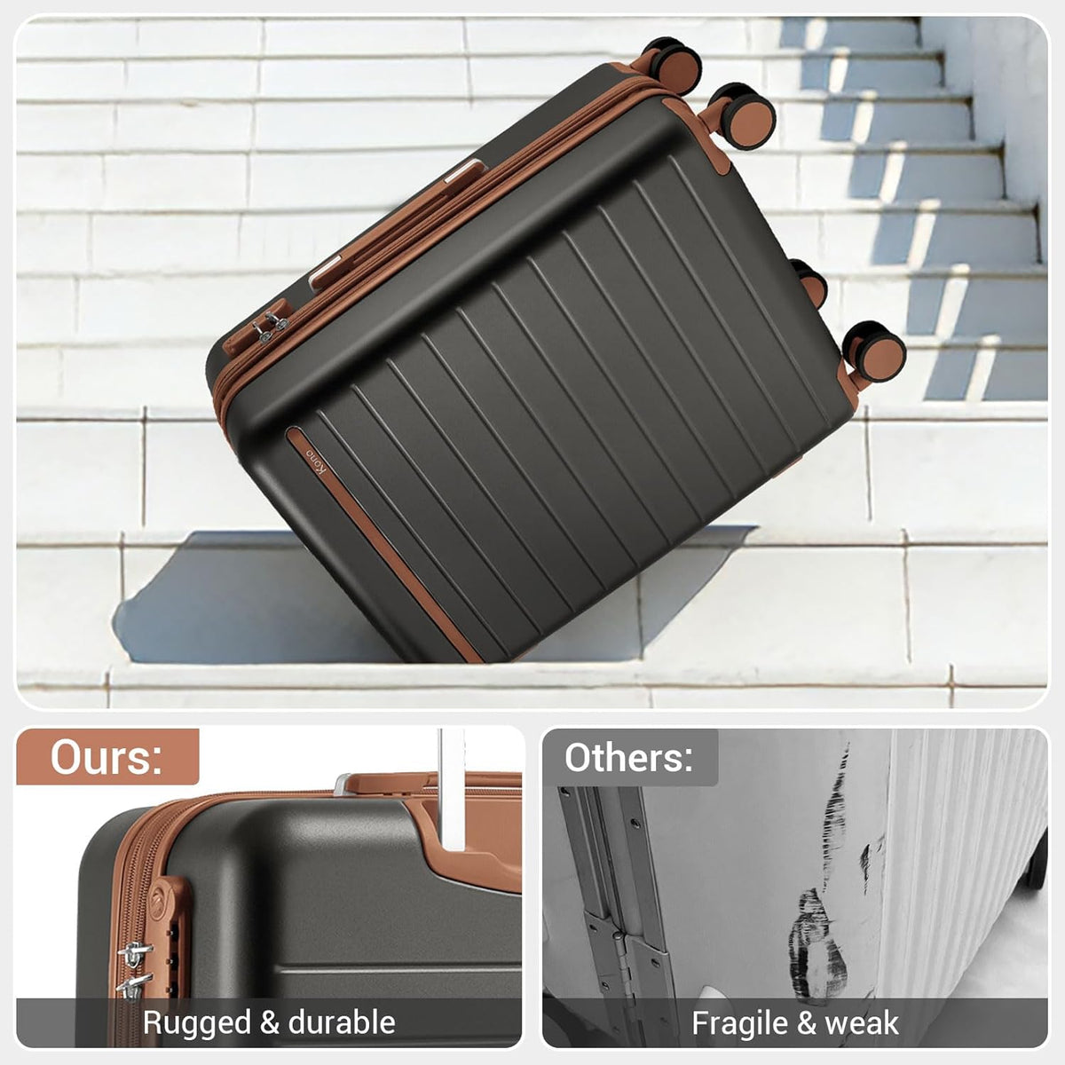 Expandable 20 Inch Carry On Suitcase Airline Approved, Lightweight ABS+PC Hardshell Luggage with 360° Silent Spinner Wheels, Grey/Brown