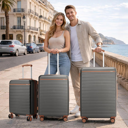 Expandable 20 Inch Carry On Suitcase Airline Approved, Lightweight ABS+PC Hardshell Luggage with 360° Silent Spinner Wheels, Grey/Brown