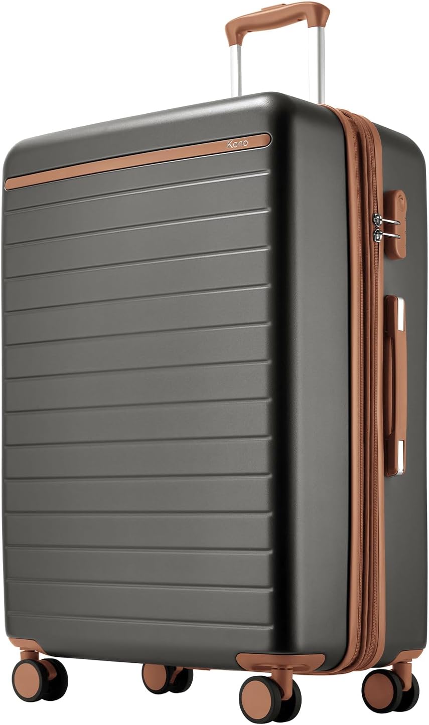 Expandable 20 Inch Carry On Suitcase Airline Approved, Lightweight ABS+PC Hardshell Luggage with 360° Silent Spinner Wheels, Grey/Brown