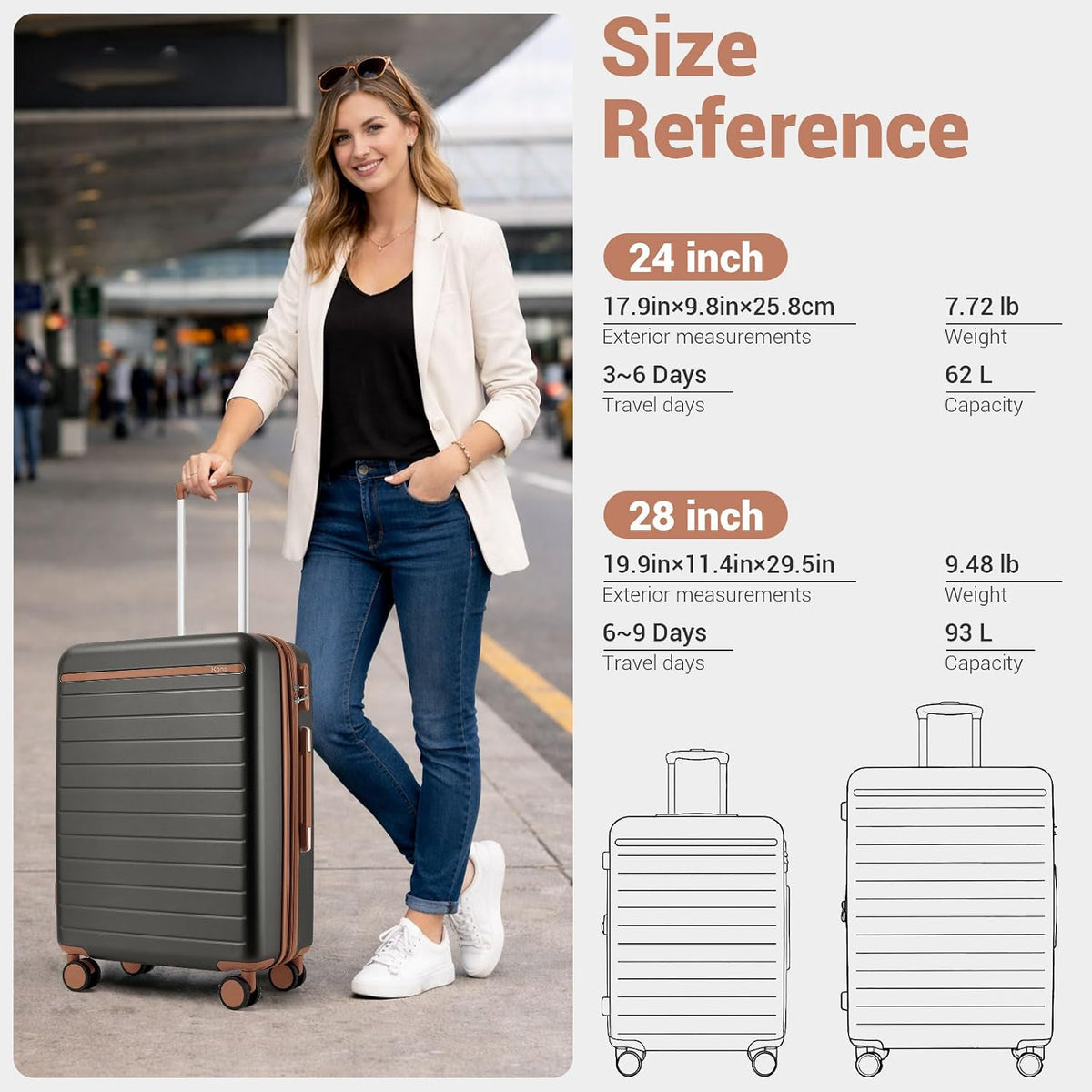Expandable 20 Inch Carry On Suitcase Airline Approved, Lightweight ABS+PC Hardshell Luggage with 360° Silent Spinner Wheels, Grey/Brown