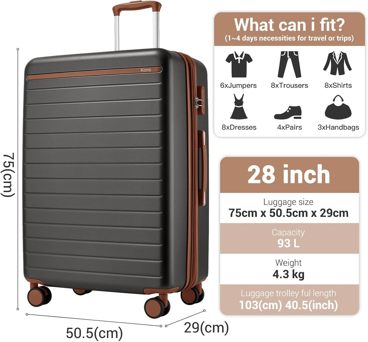 Expandable 20 Inch Carry On Suitcase Airline Approved, Lightweight ABS+PC Hardshell Luggage with 360° Silent Spinner Wheels, Grey/Brown