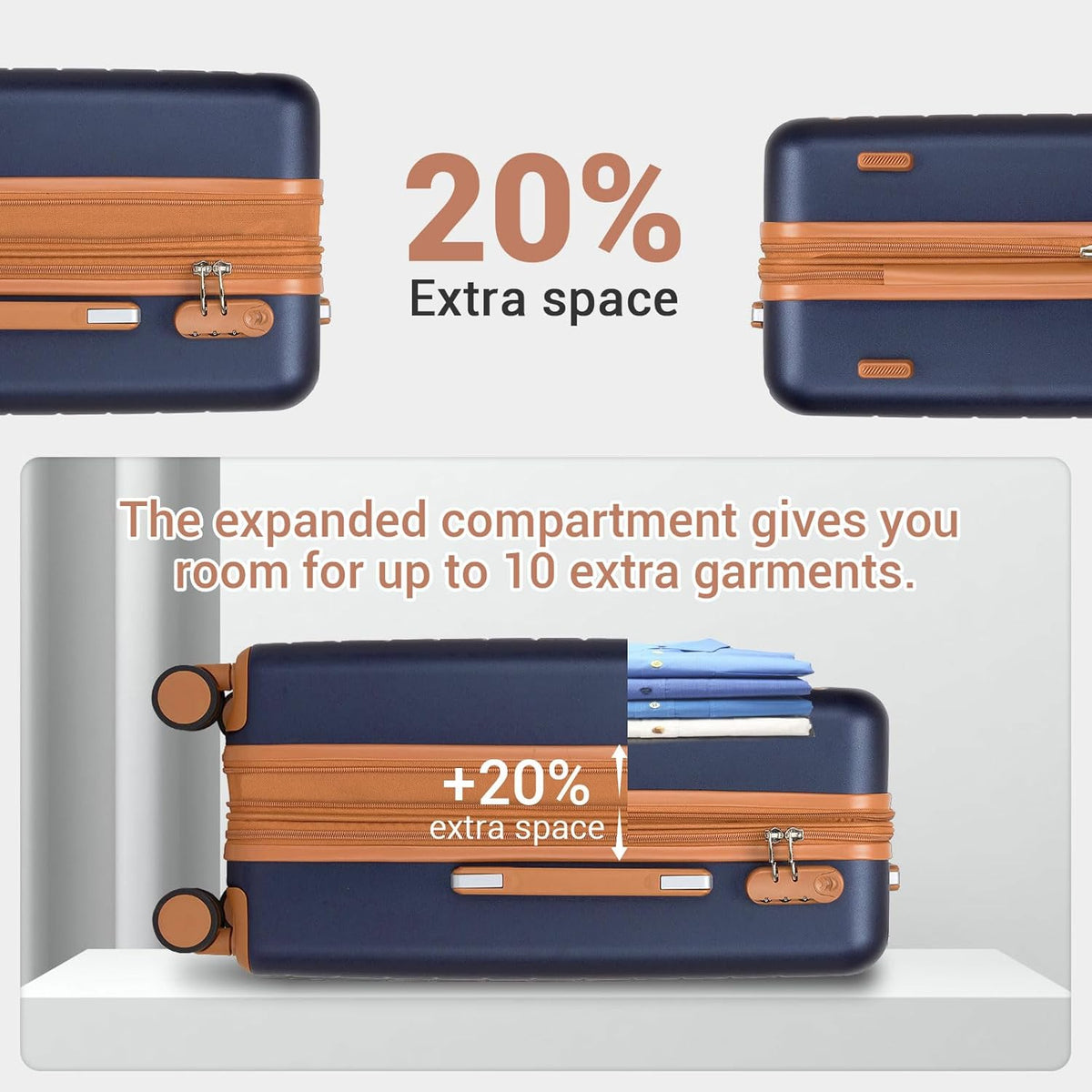 Expandable 20 Inch Carry On Suitcase Airline Approved, Lightweight ABS+PC Hardshell Luggage with 360° Silent Spinner Wheels, Grey/Brown