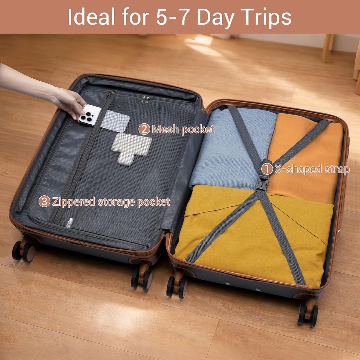Expandable 20 Inch Carry On Suitcase Airline Approved, Lightweight ABS+PC Hardshell Luggage with 360° Silent Spinner Wheels, Grey/Brown