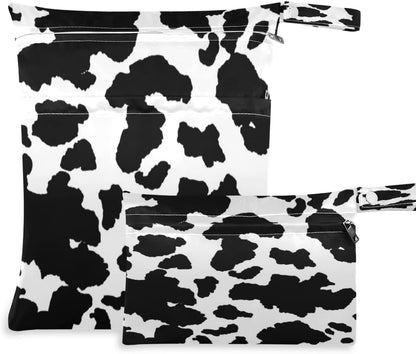 2pcs Wet Dry Bag Black Animal Cow Print Cloth Diaper Bags Waterproof Wet Bags Washable Wet Dry Organizer Pouch with Two Zippered Pockets for Swimsuits Travel Hiking Baby Stroller