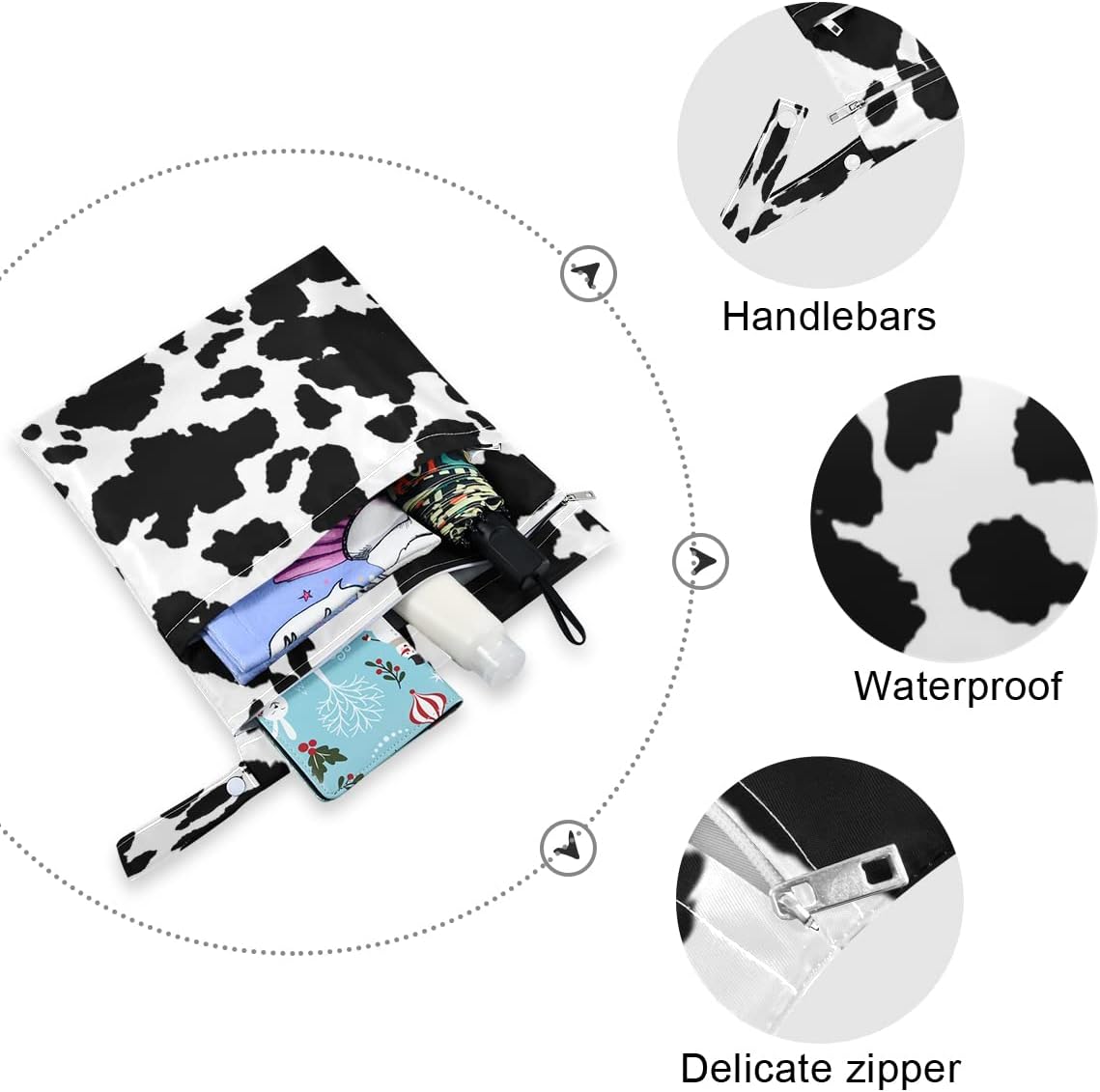 2pcs Wet Dry Bag Black Animal Cow Print Cloth Diaper Bags Waterproof Wet Bags Washable Wet Dry Organizer Pouch with Two Zippered Pockets for Swimsuits Travel Hiking Baby Stroller
