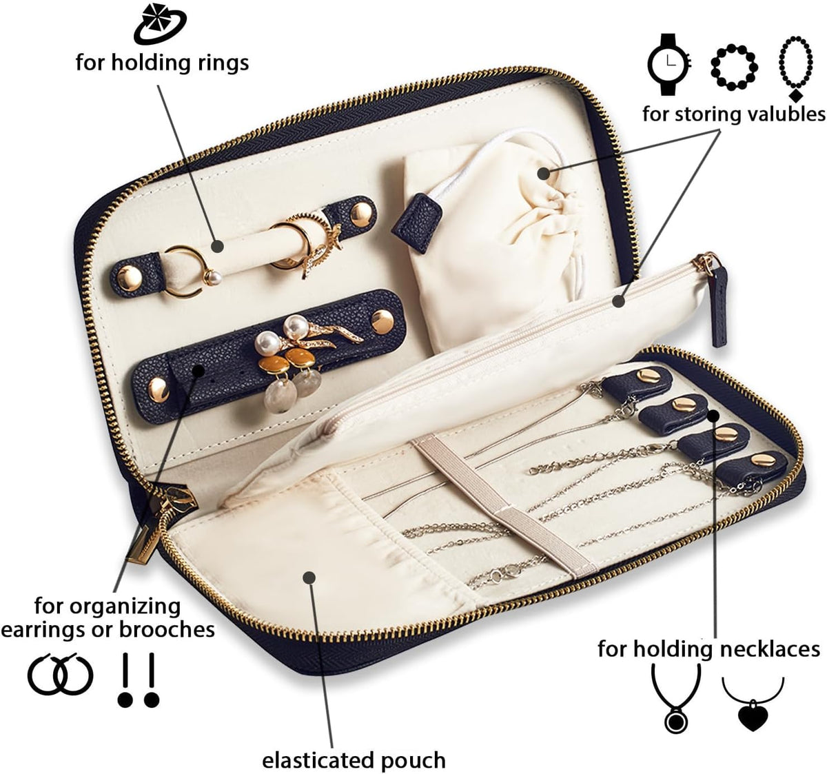 Travel Jewelry Organizer Case - for Tangle-Free Necklaces, Earrings, Rings, Bracelets Storage, Travel Essentials, Fashion Portable Jewelry Travel bags for Women - Large Black
