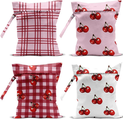 4 Pack Cute Flower Bow Cherry Wet Bag Waterproof Washable Reusable Wet Dry Bag for Swimsuit Clothes Soiled Items Cloth Diaper Travel Beach Pool Yoga Gym Toiletries Travel Beach Essentials