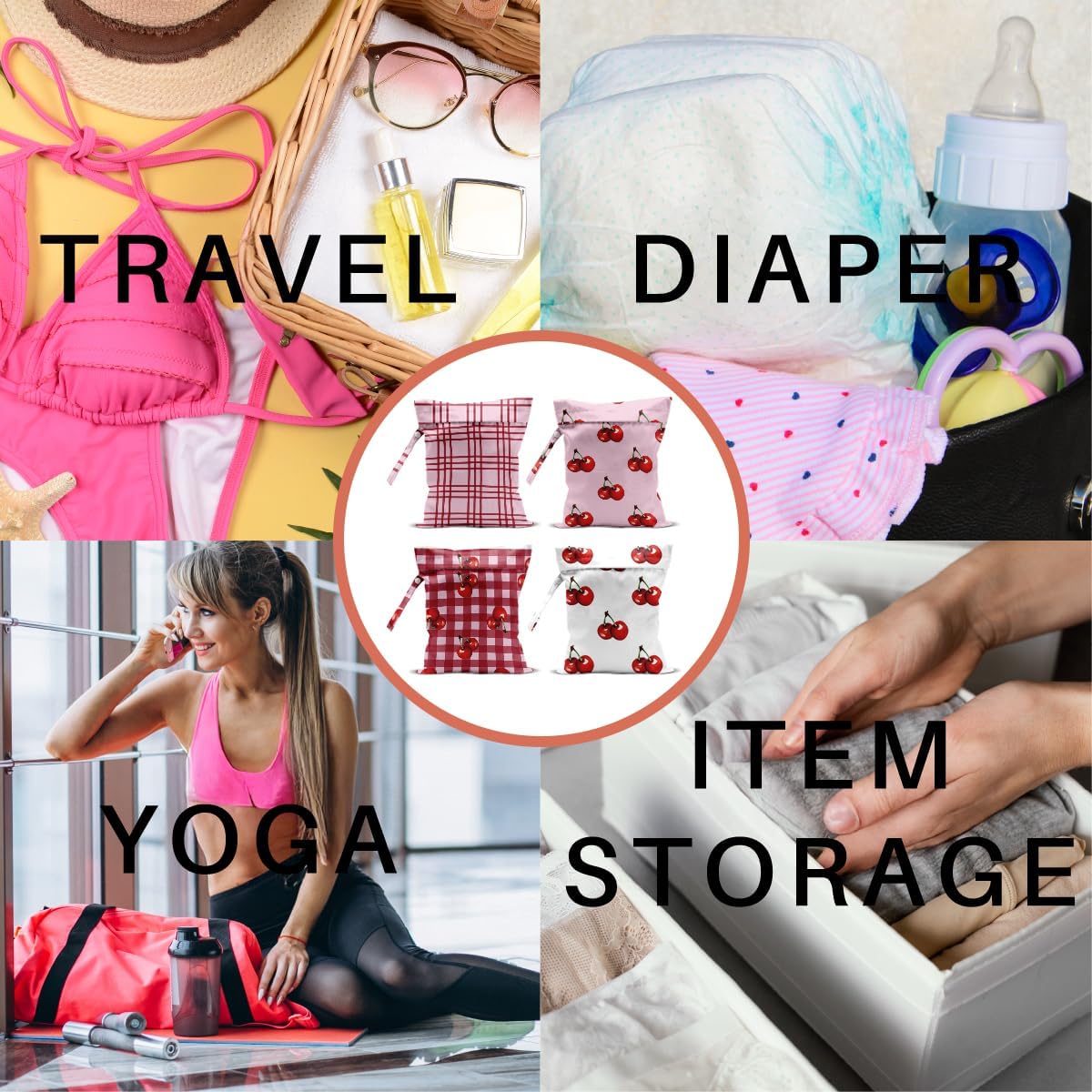 4 Pack Cute Flower Bow Cherry Wet Bag Waterproof Washable Reusable Wet Dry Bag for Swimsuit Clothes Soiled Items Cloth Diaper Travel Beach Pool Yoga Gym Toiletries Travel Beach Essentials