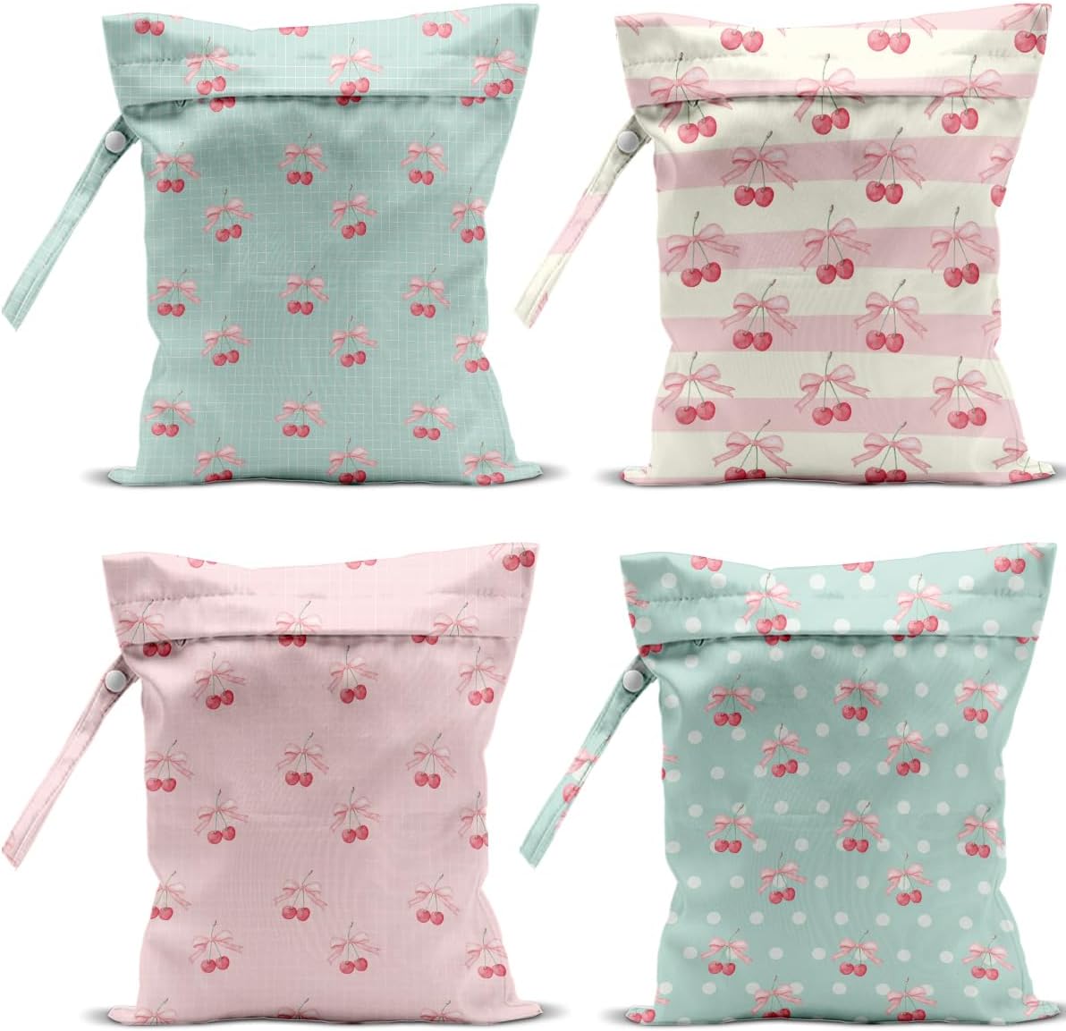 4 Pack Cute Flower Bow Cherry Wet Bag Waterproof Washable Reusable Wet Dry Bag for Swimsuit Clothes Soiled Items Cloth Diaper Travel Beach Pool Yoga Gym Toiletries Travel Beach Essentials