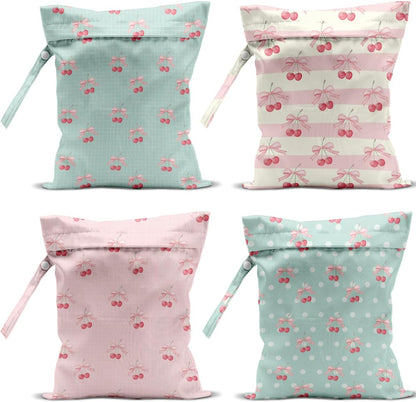4 Pack Cute Flower Bow Cherry Wet Bag Waterproof Washable Reusable Wet Dry Bag for Swimsuit Clothes Soiled Items Cloth Diaper Travel Beach Pool Yoga Gym Toiletries Travel Beach Essentials