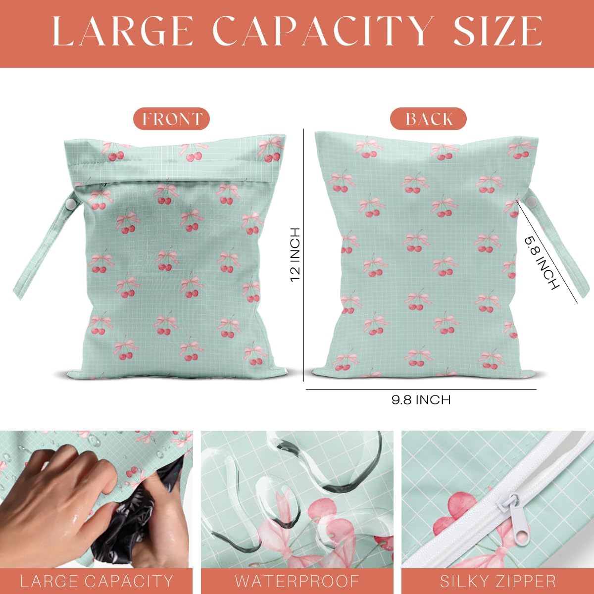 4 Pack Cute Flower Bow Cherry Wet Bag Waterproof Washable Reusable Wet Dry Bag for Swimsuit Clothes Soiled Items Cloth Diaper Travel Beach Pool Yoga Gym Toiletries Travel Beach Essentials