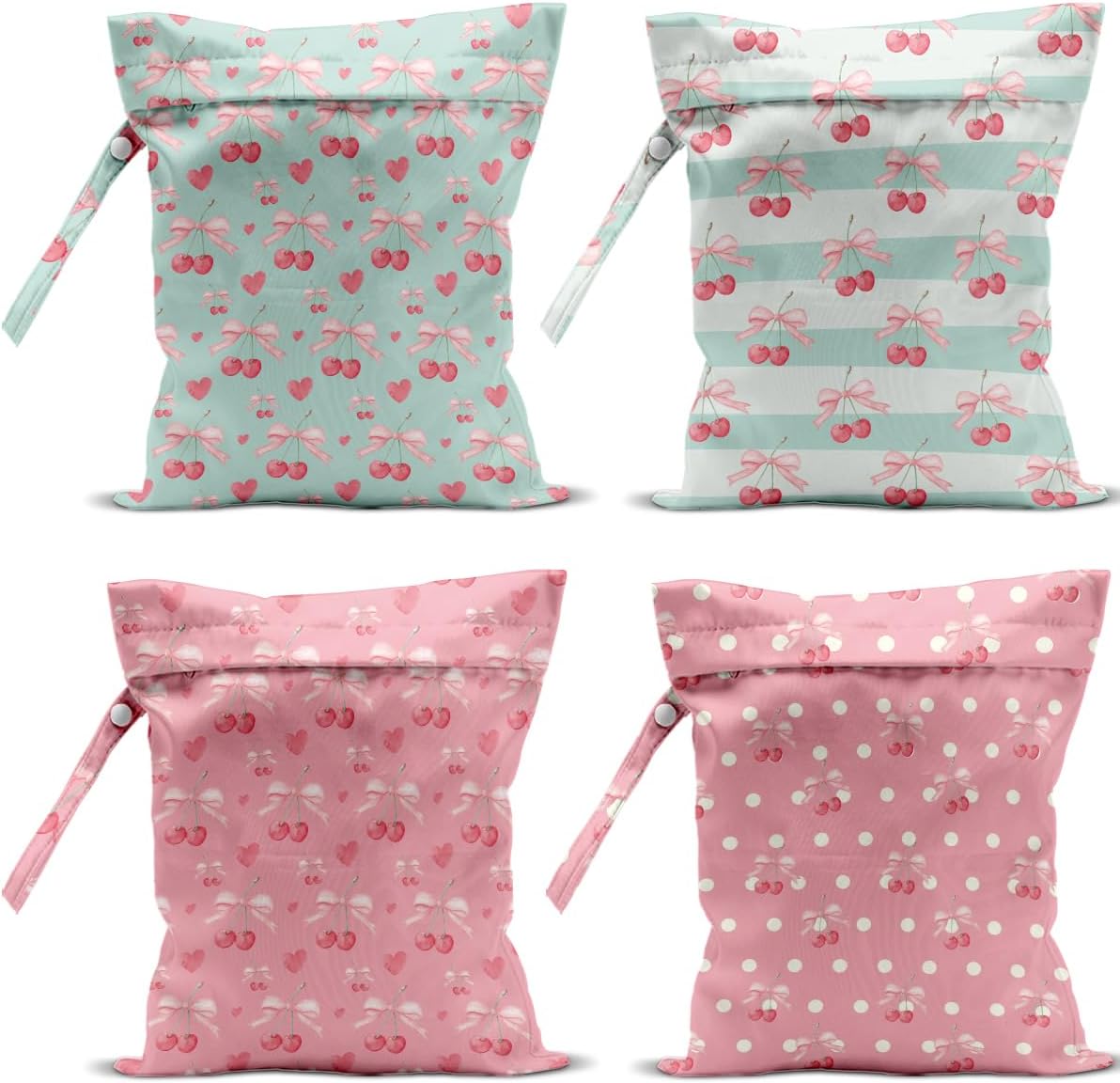 4 Pack Cute Flower Bow Cherry Wet Bag Waterproof Washable Reusable Wet Dry Bag for Swimsuit Clothes Soiled Items Cloth Diaper Travel Beach Pool Yoga Gym Toiletries Travel Beach Essentials