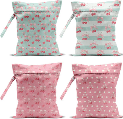 4 Pack Cute Flower Bow Cherry Wet Bag Waterproof Washable Reusable Wet Dry Bag for Swimsuit Clothes Soiled Items Cloth Diaper Travel Beach Pool Yoga Gym Toiletries Travel Beach Essentials