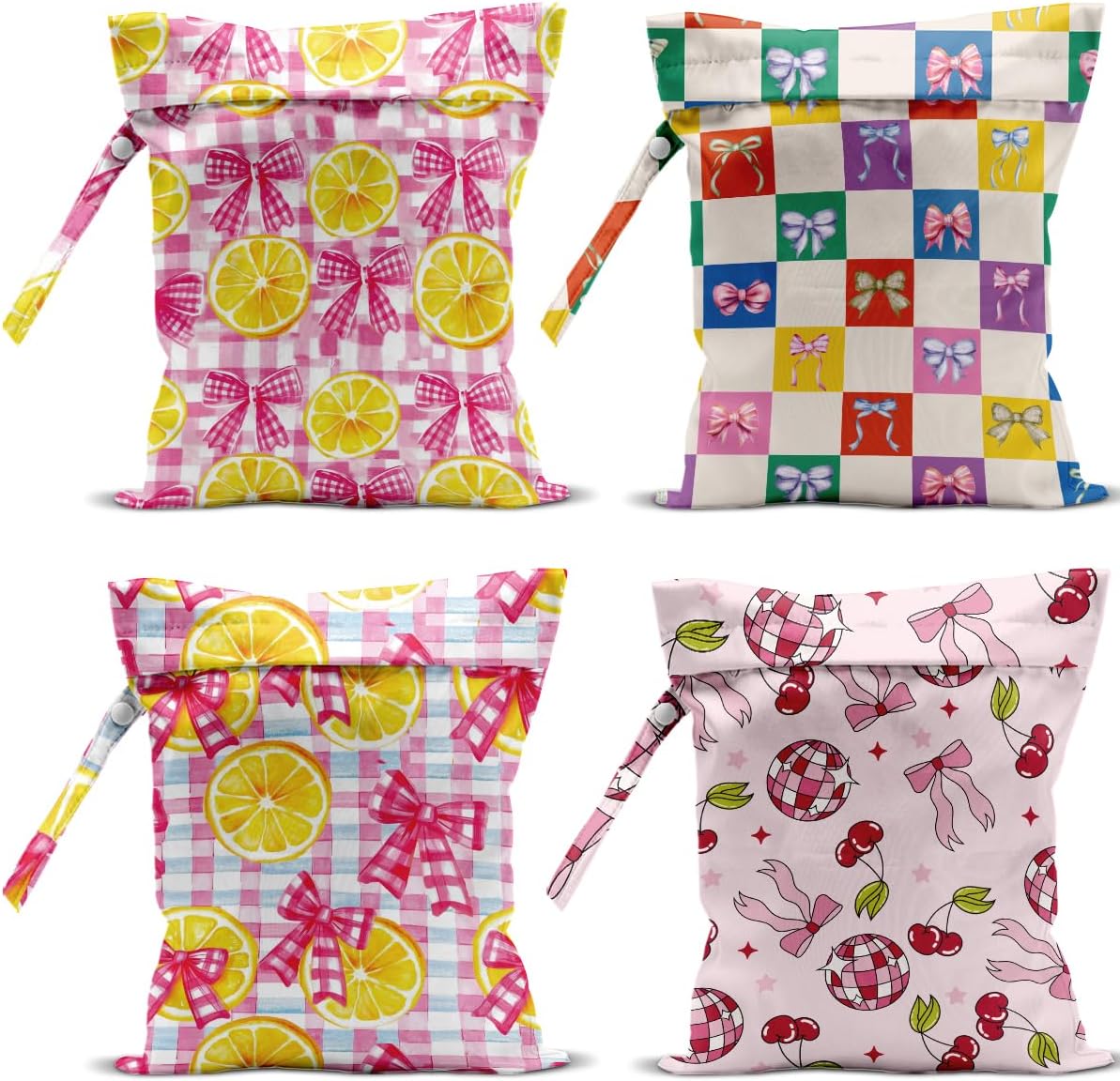 4 Pack Cute Flower Bow Cherry Wet Bag Waterproof Washable Reusable Wet Dry Bag for Swimsuit Clothes Soiled Items Cloth Diaper Travel Beach Pool Yoga Gym Toiletries Travel Beach Essentials