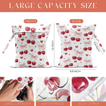 4 Pack Cute Flower Bow Cherry Wet Bag Waterproof Washable Reusable Wet Dry Bag for Swimsuit Clothes Soiled Items Cloth Diaper Travel Beach Pool Yoga Gym Toiletries Travel Beach Essentials