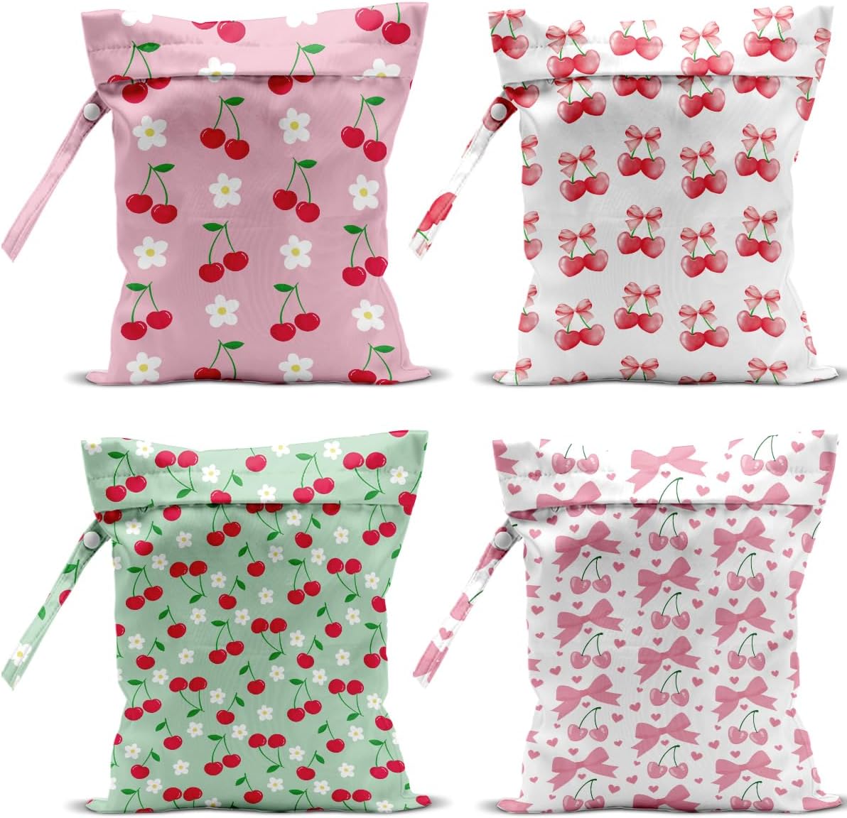 4 Pack Cute Flower Bow Cherry Wet Bag Waterproof Washable Reusable Wet Dry Bag for Swimsuit Clothes Soiled Items Cloth Diaper Travel Beach Pool Yoga Gym Toiletries Travel Beach Essentials
