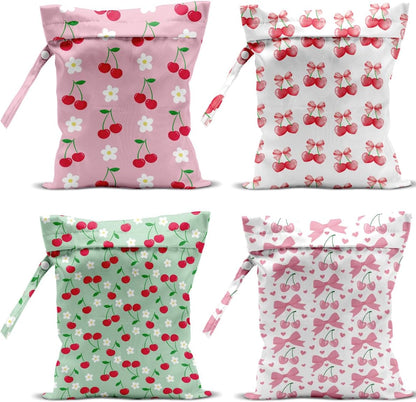 4 Pack Cute Flower Bow Cherry Wet Bag Waterproof Washable Reusable Wet Dry Bag for Swimsuit Clothes Soiled Items Cloth Diaper Travel Beach Pool Yoga Gym Toiletries Travel Beach Essentials