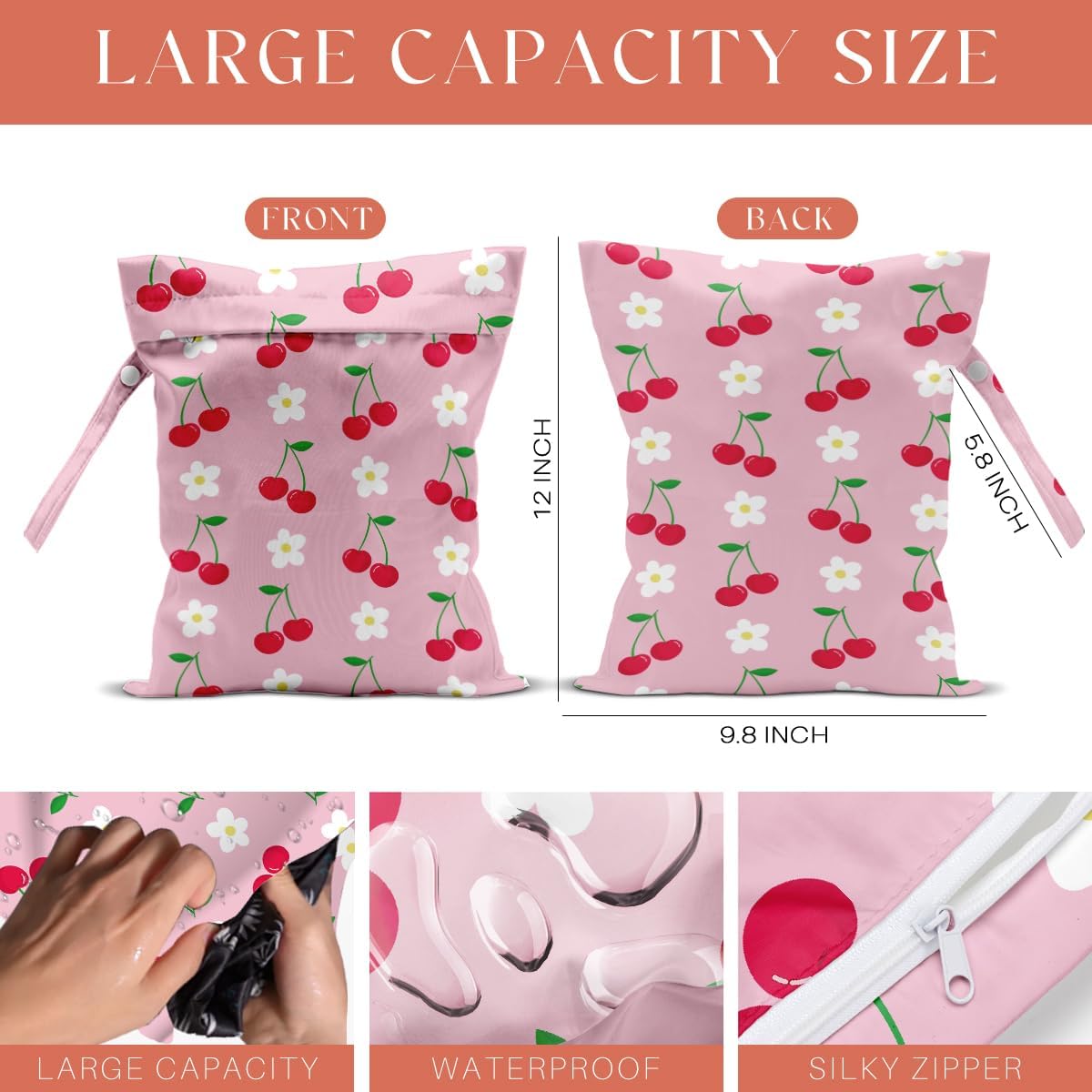 4 Pack Cute Flower Bow Cherry Wet Bag Waterproof Washable Reusable Wet Dry Bag for Swimsuit Clothes Soiled Items Cloth Diaper Travel Beach Pool Yoga Gym Toiletries Travel Beach Essentials